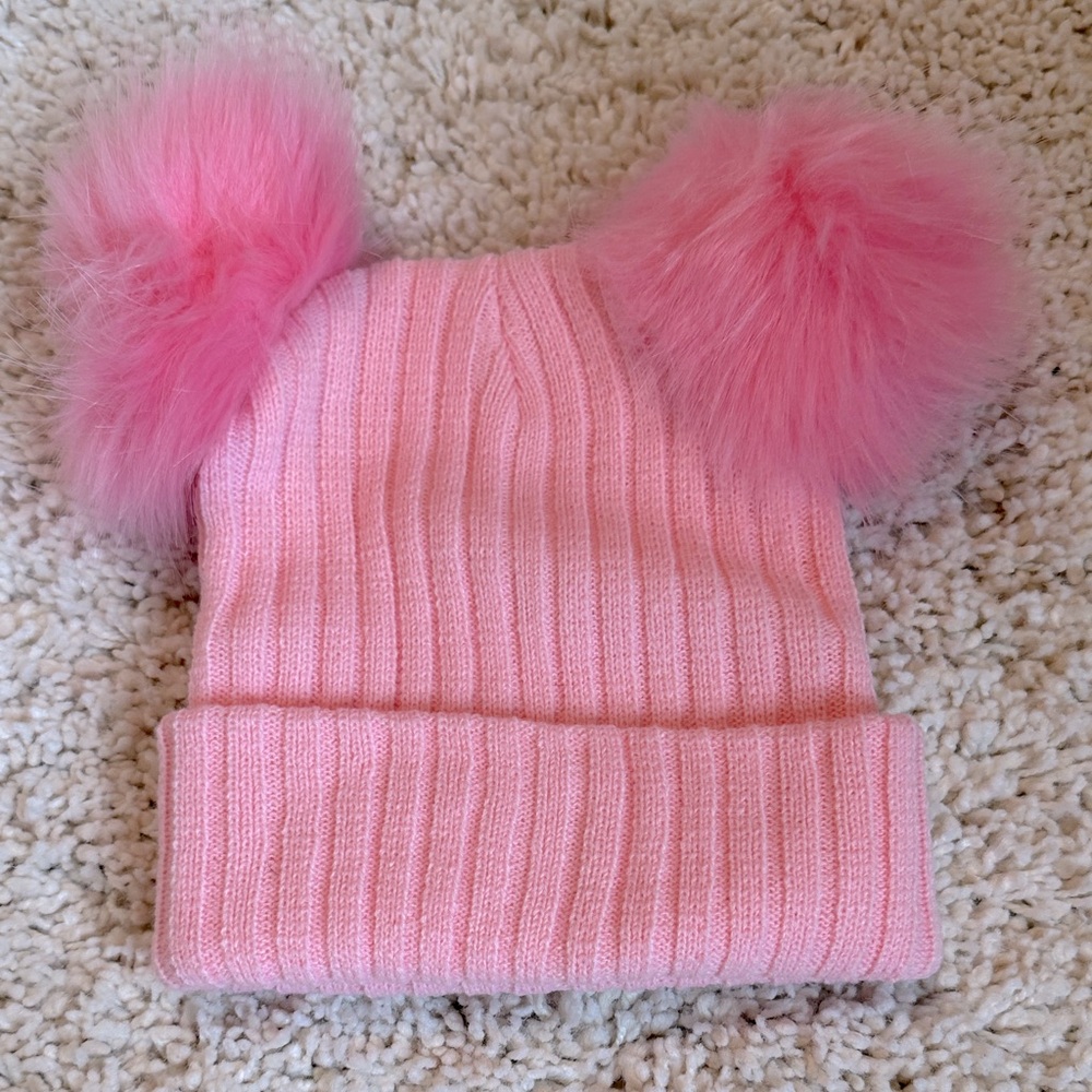 New Pink Pom-Pom Knit Beanie Womens hat Winter Snow stretchy faux fur